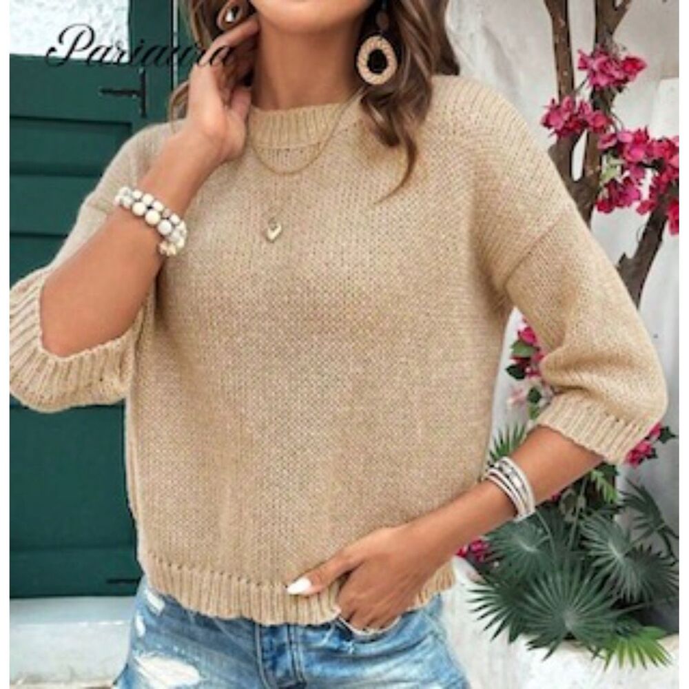 Shein Lune Apricot Beige Loose Fuzzy Knit Relaxed Fit Drop Sleeve Sweater XL